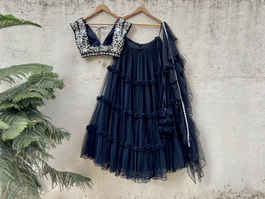 Black Tier Skirt With Black Raw Silk Mirror Work Blouse Black Thread Co 9