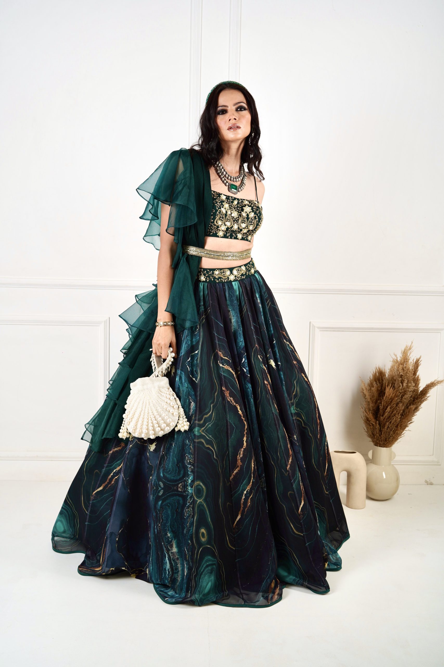 Emerald Green Embroidered Lehenga Set Design by Seema Gujral at Pernia's  Pop Up Shop 2024