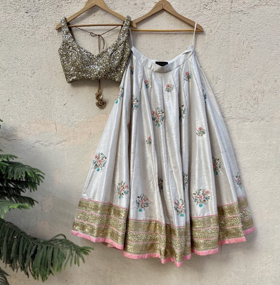 Off-White Raw Silk Lehenga with Colourful Embroidery Black Thread Co 6
