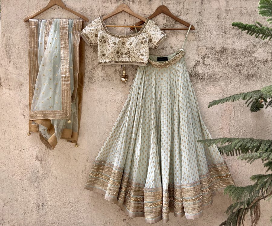 Pastel Mint Green and Ivory Lehenga Set - Designer Brand Priti Sahni - London England United Kingdom - Black Thread Co - 1